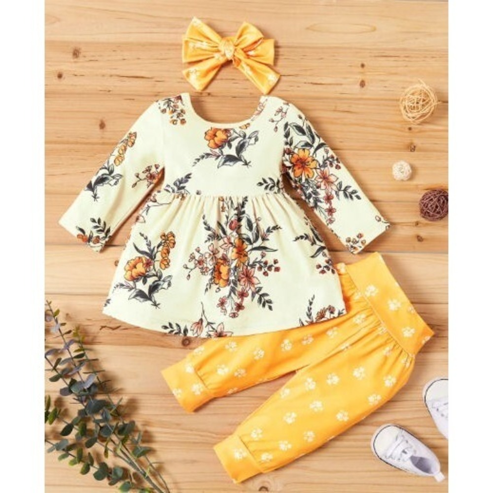 PatPat Long Sleeve Dress Pant Set - Orange Floral w/ Hair Tie - 18-24‎ Months